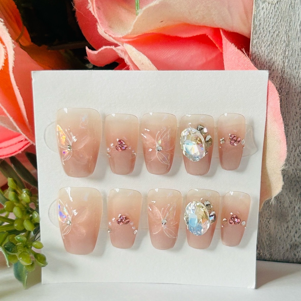 Elegant Nude Press-On Nails with Rhinestones